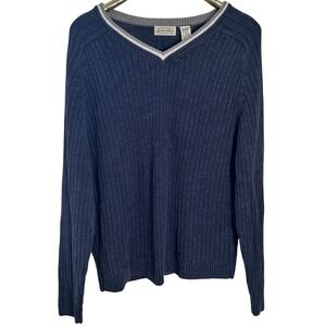 St Johns Bay Sweater Mens XXL Blue Linen Cotton Ribbed V-Neck Long Sleeve‎